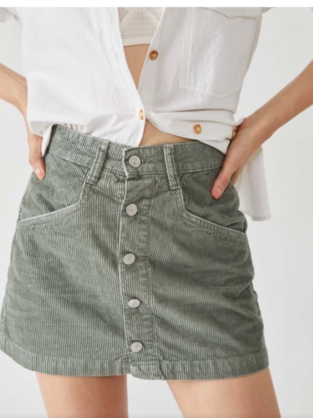 Free People Ray Corduroy Mini Skirt High- Rise Fit Washed Army Green Size 0 NWOT